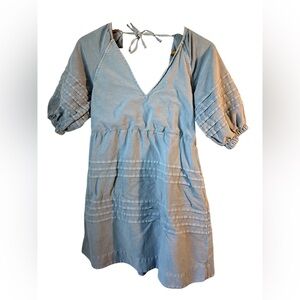 7 For All Mankind Sz S Denim Chambray Babydoll Mini Puff Sleeve Dress Western